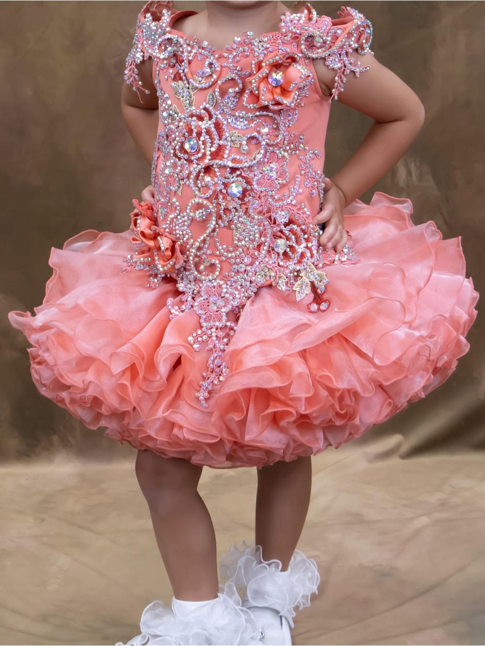 Girl's Coral Pageant Dress with Floral Embellishments - Unbranded